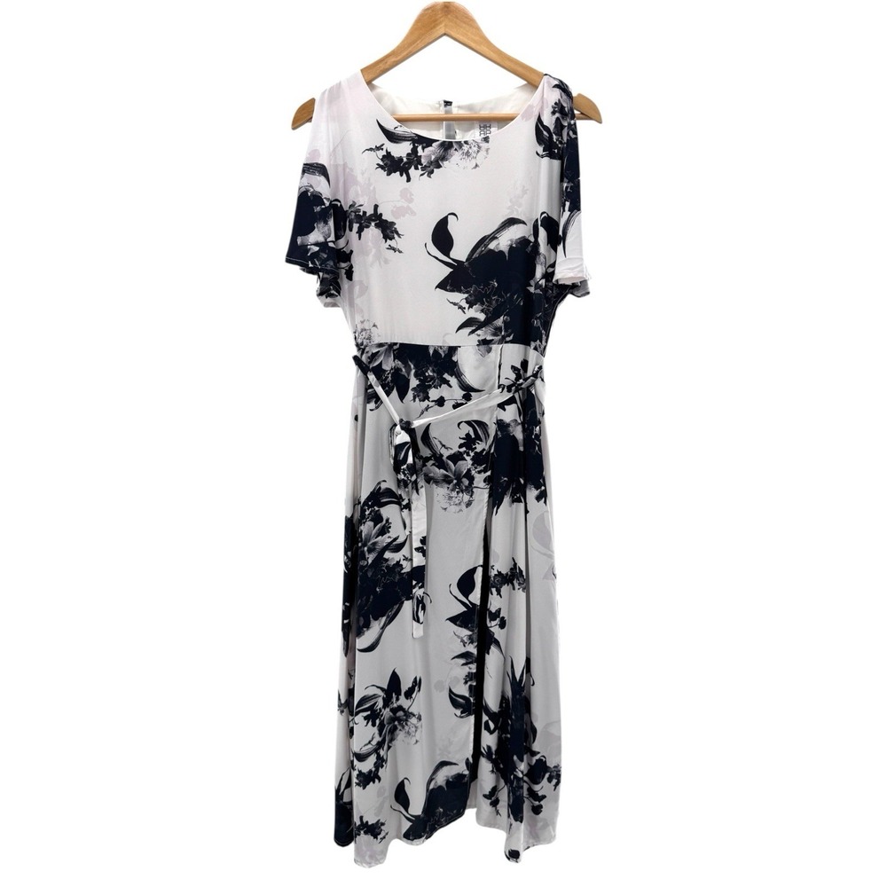 Rimini Black White Floral Print Midi Dress Size Med Flutter Sleeve Belted Lined